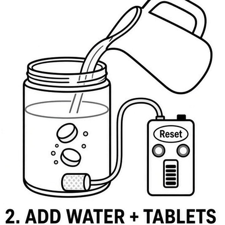 Step 2: add water and tablets to the container.