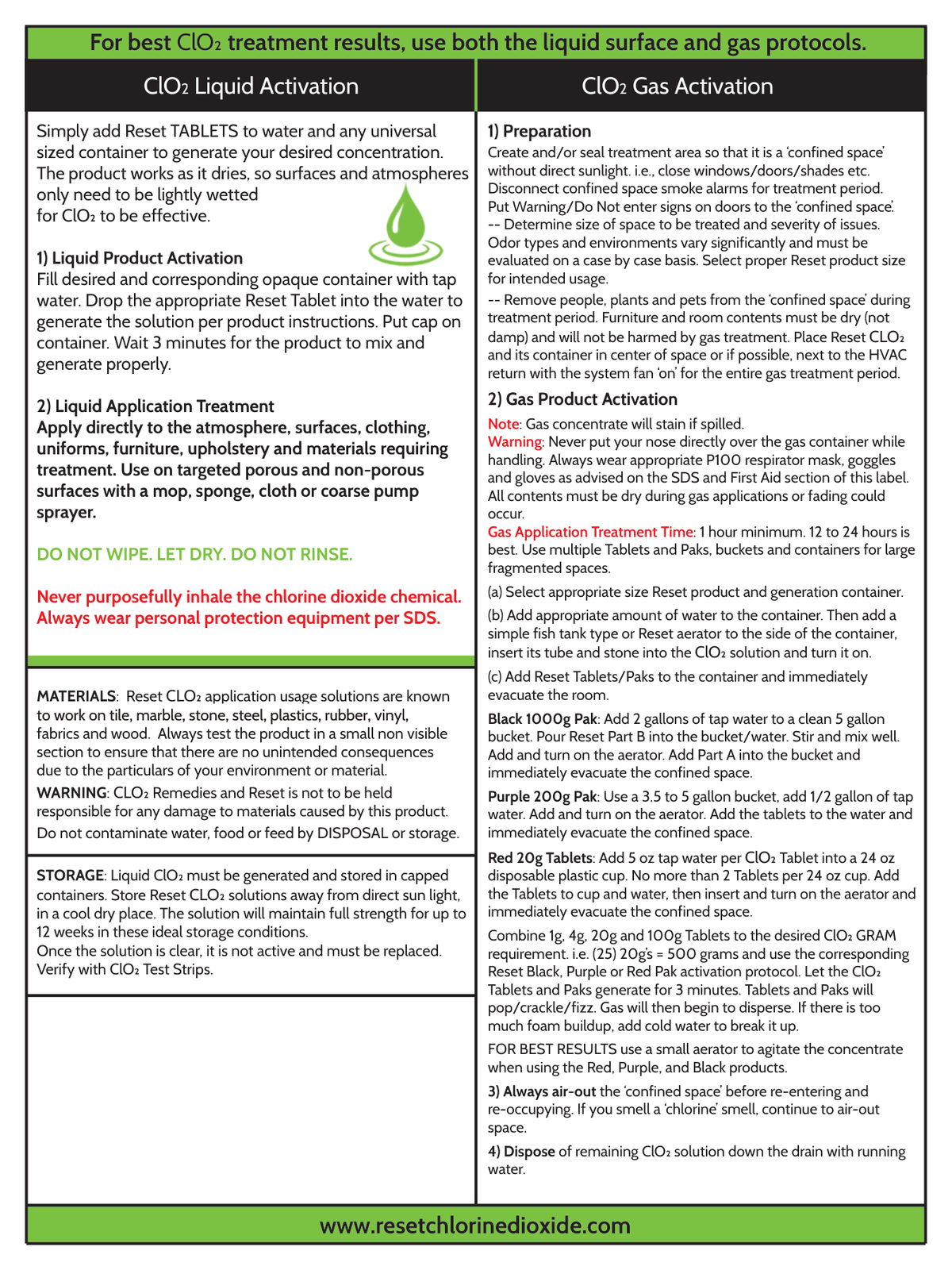 Reset Fast Release back label (Red, Purple, Black) — liquid and gas activation directions