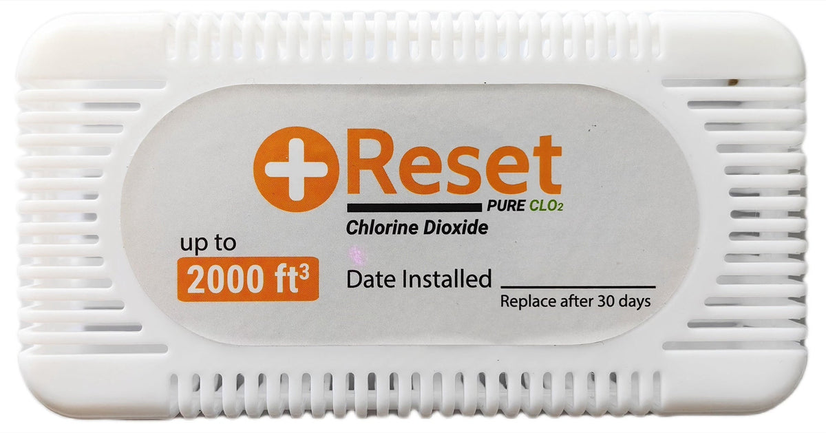 Reset Slow Release clamshell — humidity-activated ClO2 sachet holder for up to 2,000 cubic feet, replace after 30 days