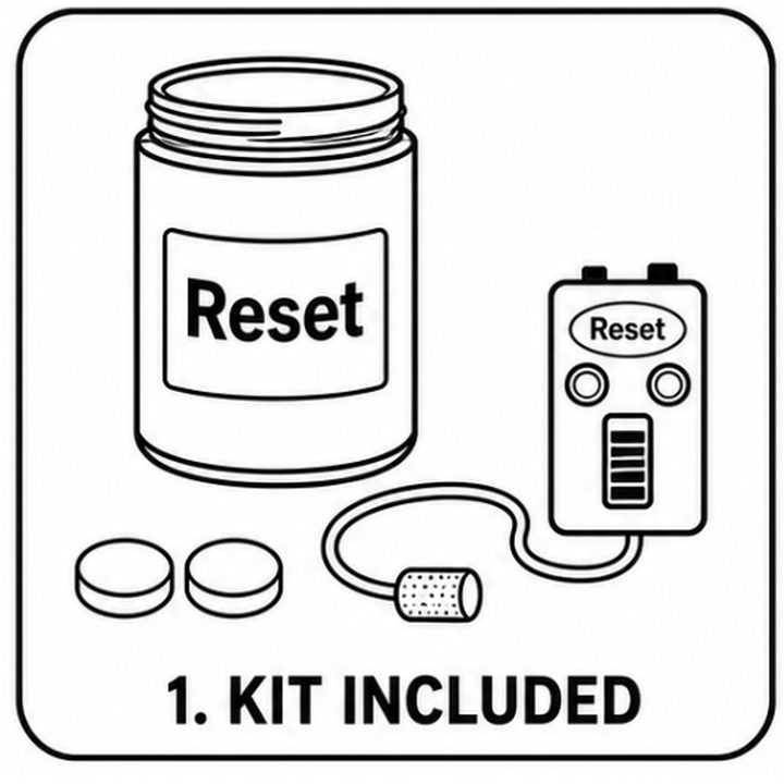 Step 1: the kit — container, aerator and tablets.