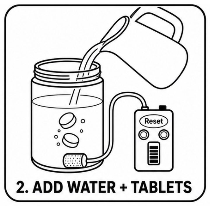 Step 2: add water and tablets to the container.